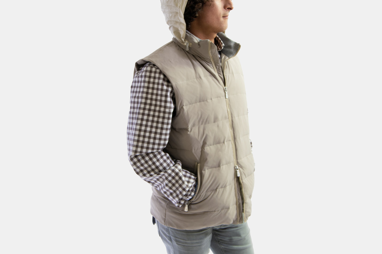 khakis of Carmel - sand colored vests with hood