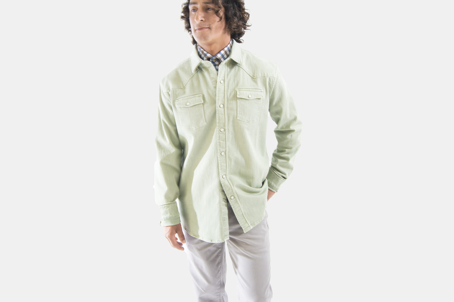 khakis of Carmel - lime green overshirt