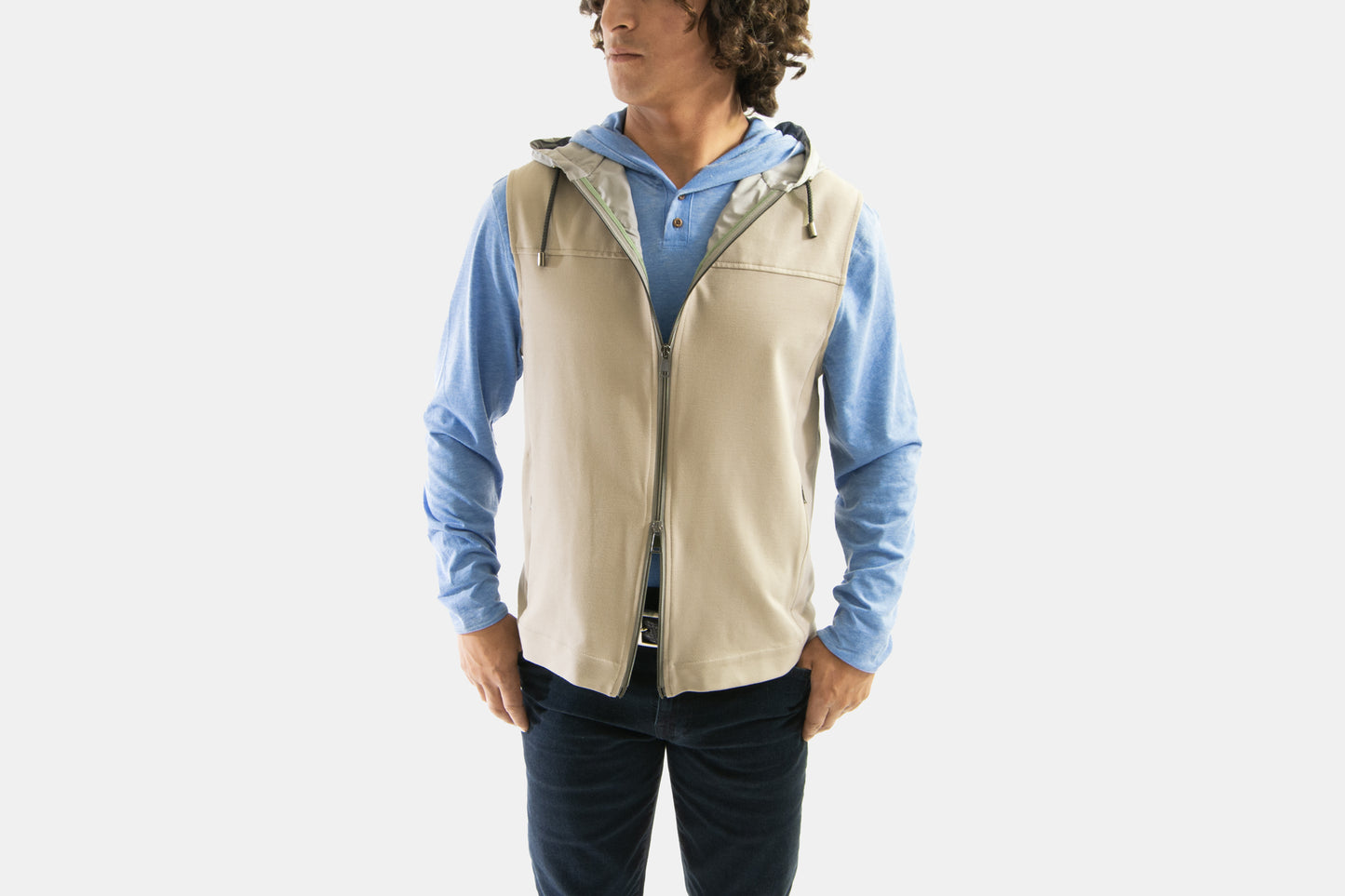 khaki’s of Carmel - tan vest with hood