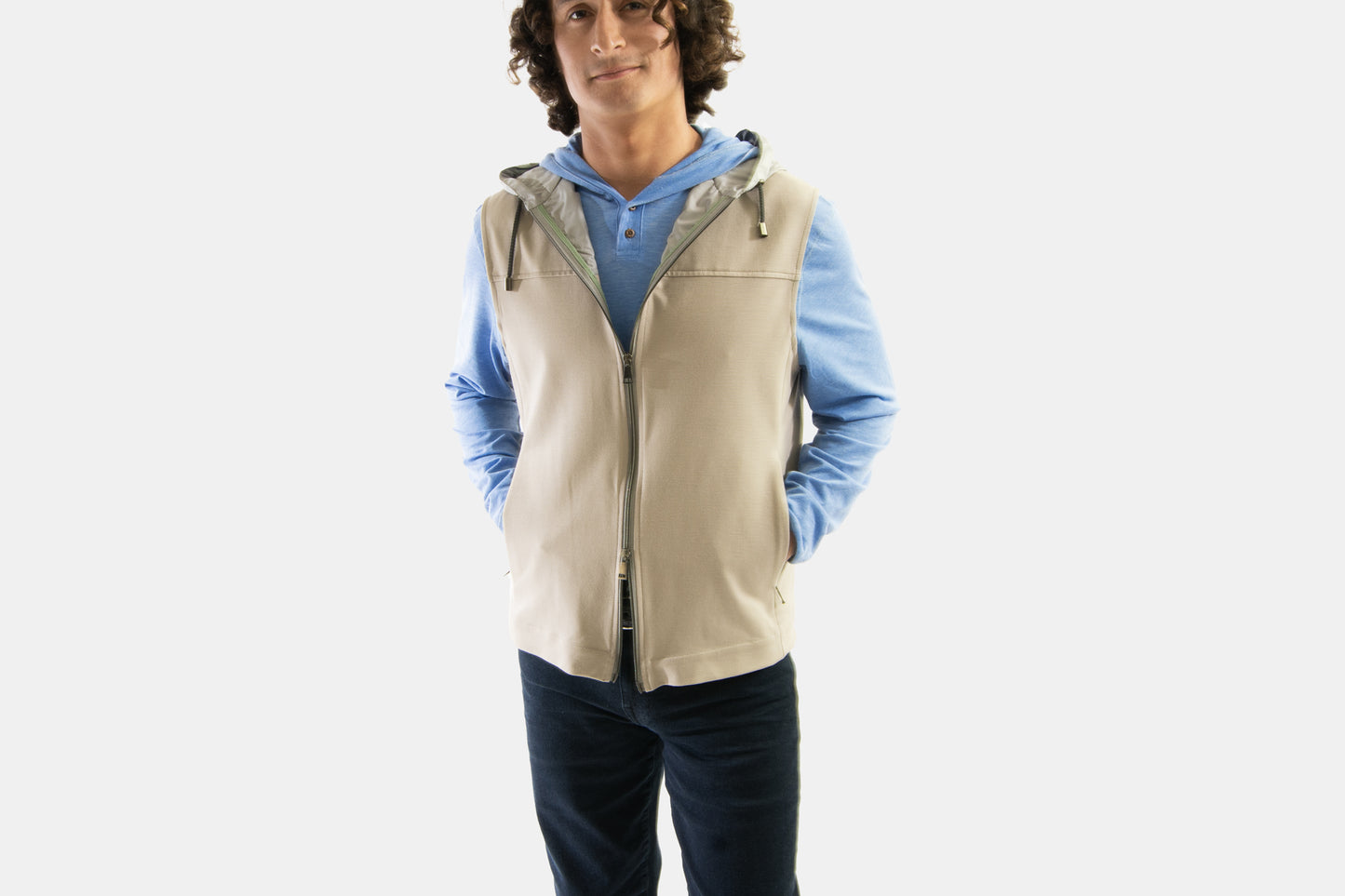 khaki’s of Carmel - tan vest with hood