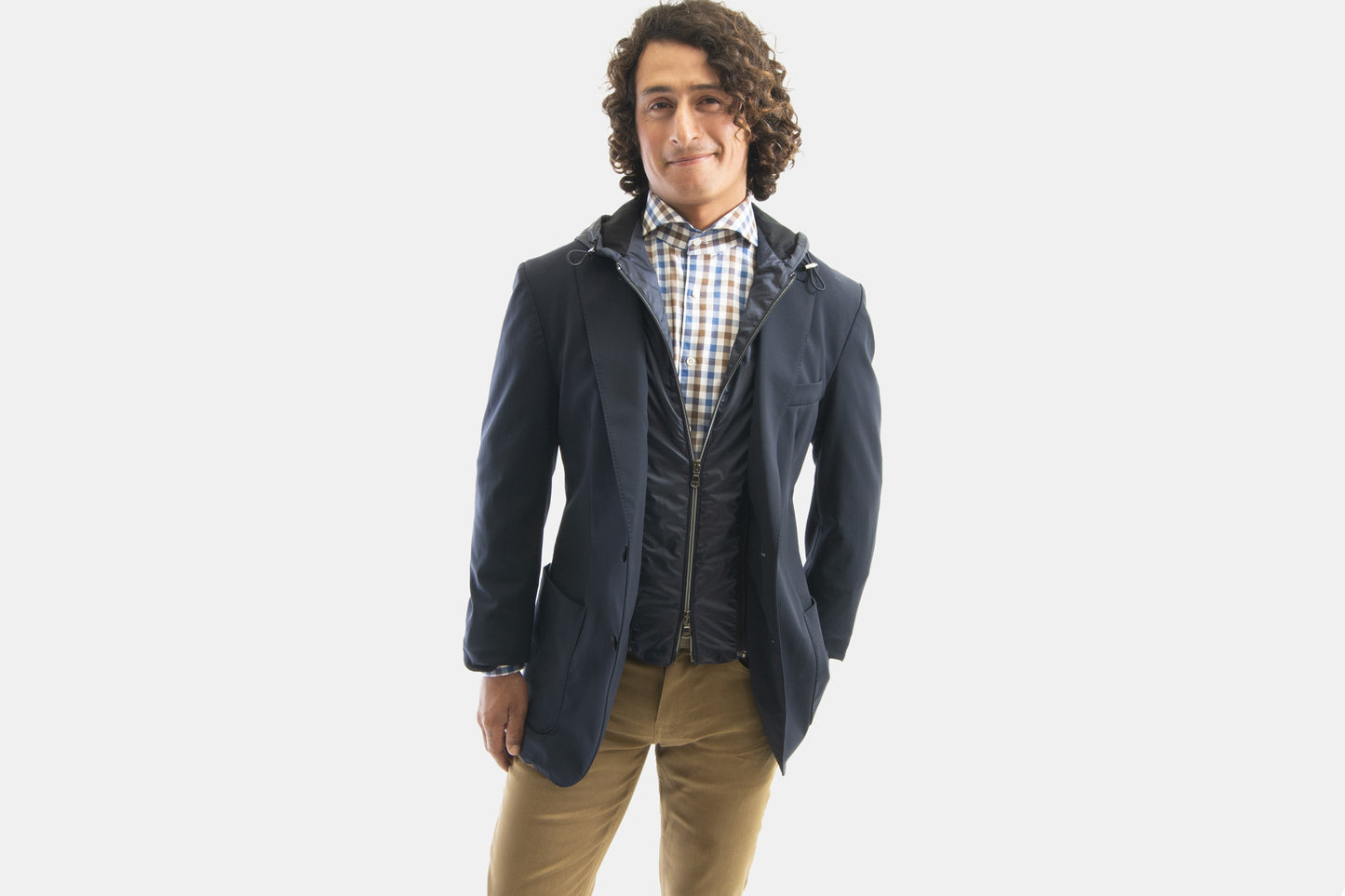 khakis of Carmel - navy sport coat with hood