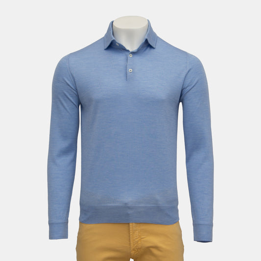 Isaia - Cashmere Silk Stretch Blend Polo Long Sleeve in Light Blue