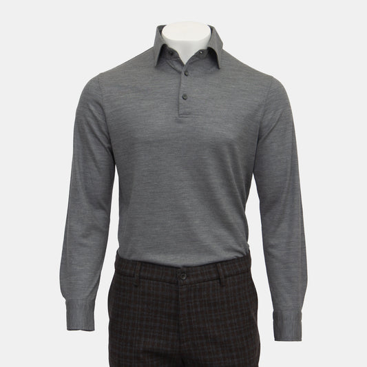 Isaia - Wool Evening Polo Long Sleeve in Charcoal Grey