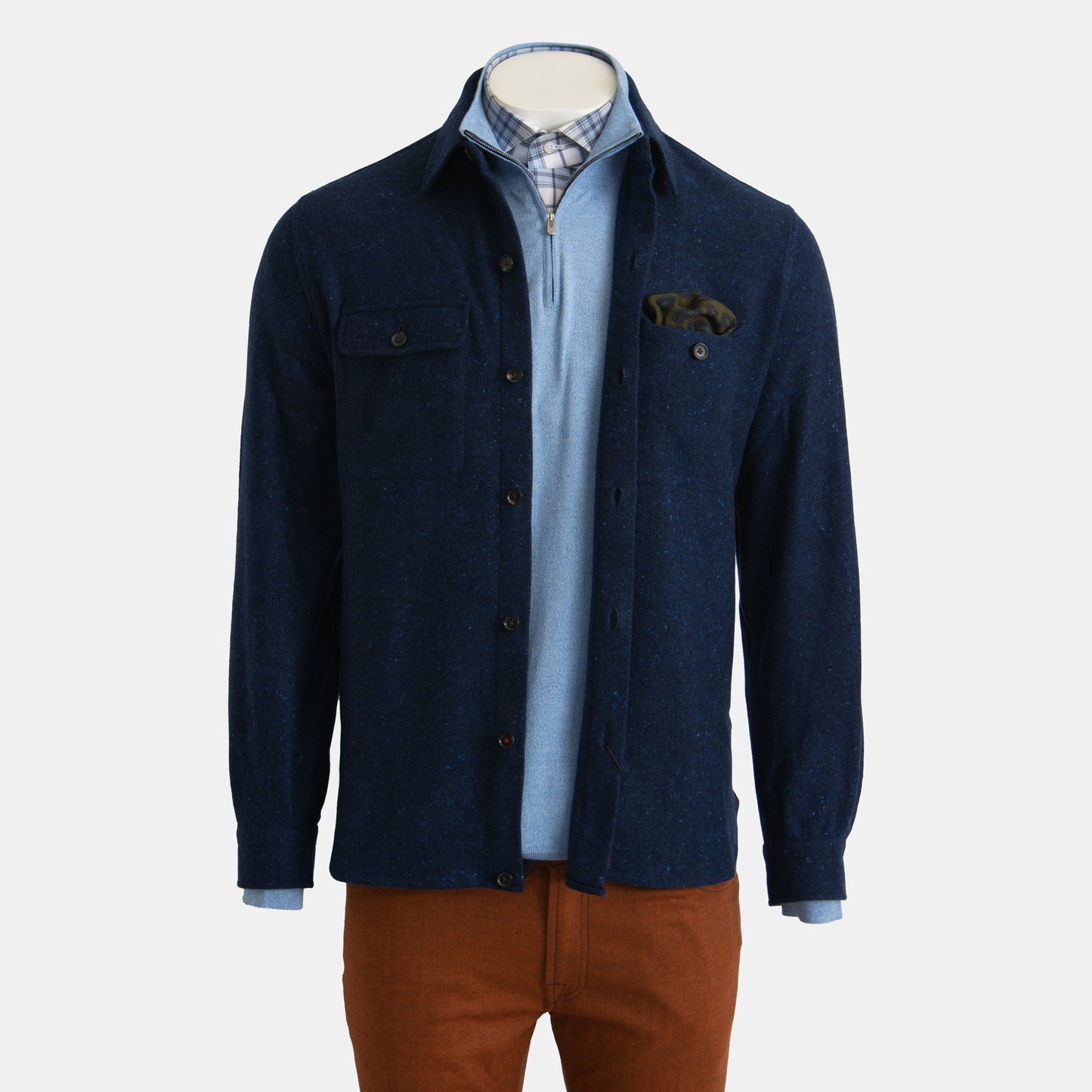 Isaia - Cashmere Silk Blend Donegal Overshirt Jacket in Navy