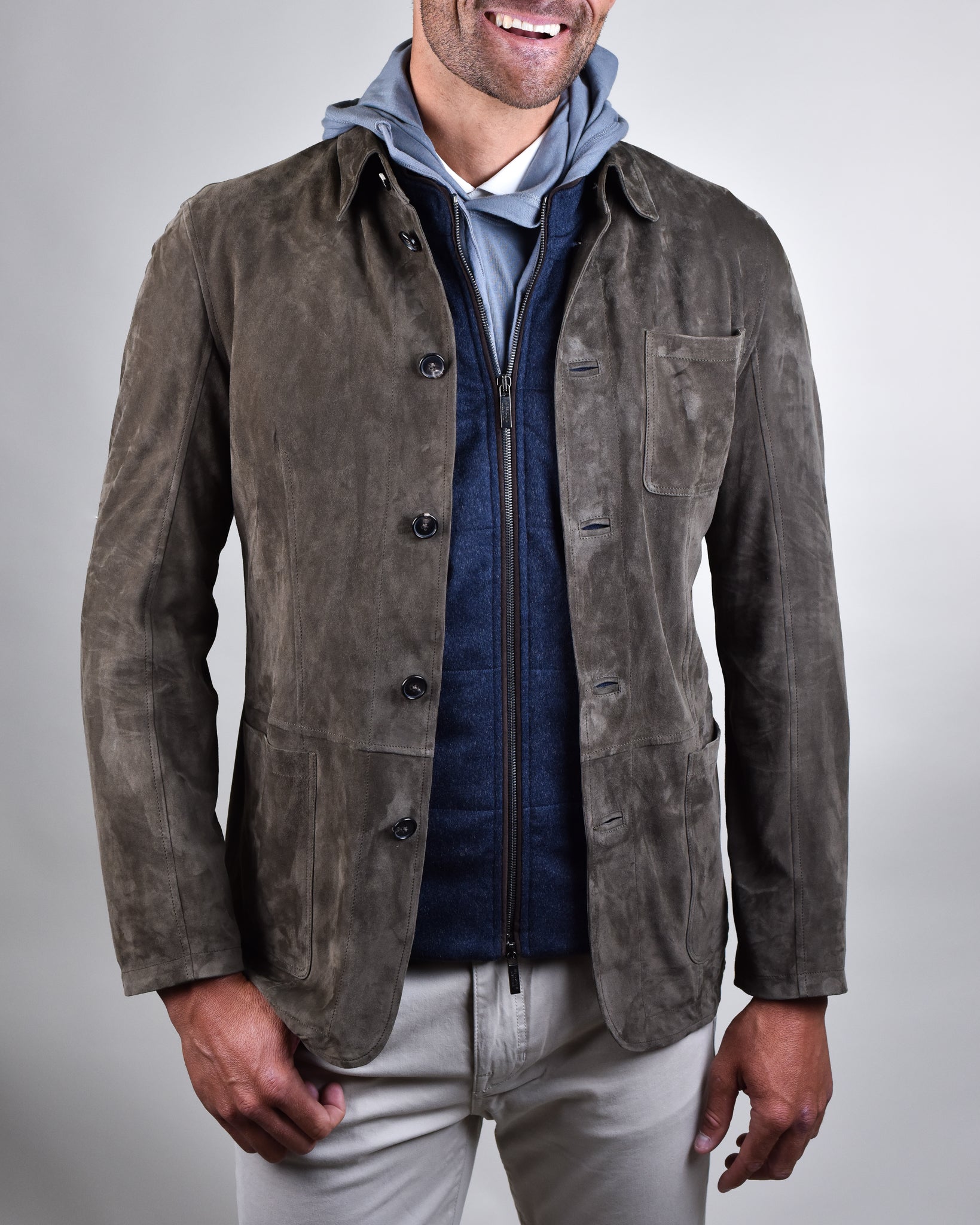 Manto Scutum Dark Grey Suede Jacket Khakis of Carmel