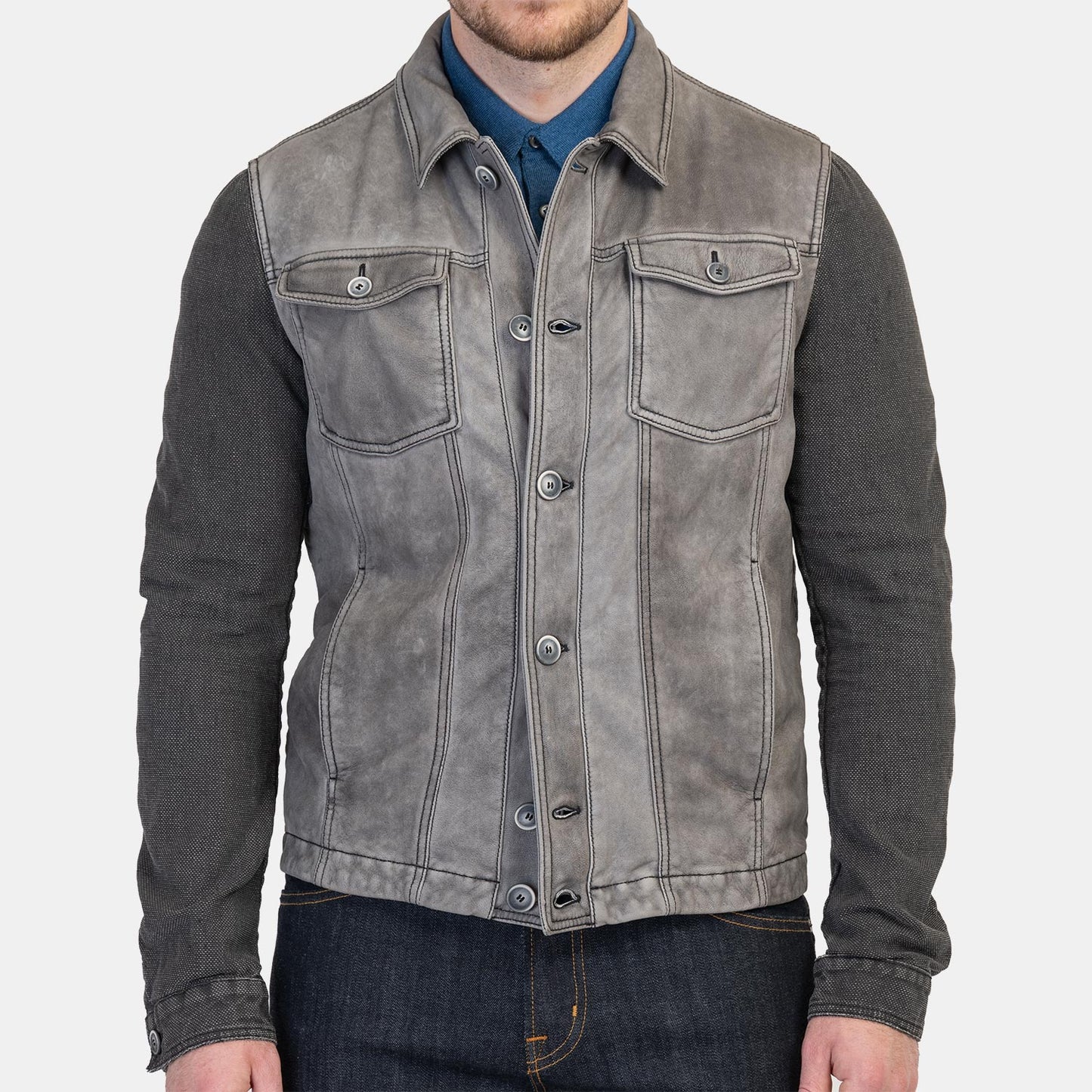 Gimos Leather & Canvas Jacket in Aged Dark Grey