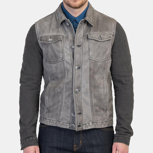 Gimos Leather & Canvas Jacket in Aged Dark Grey
