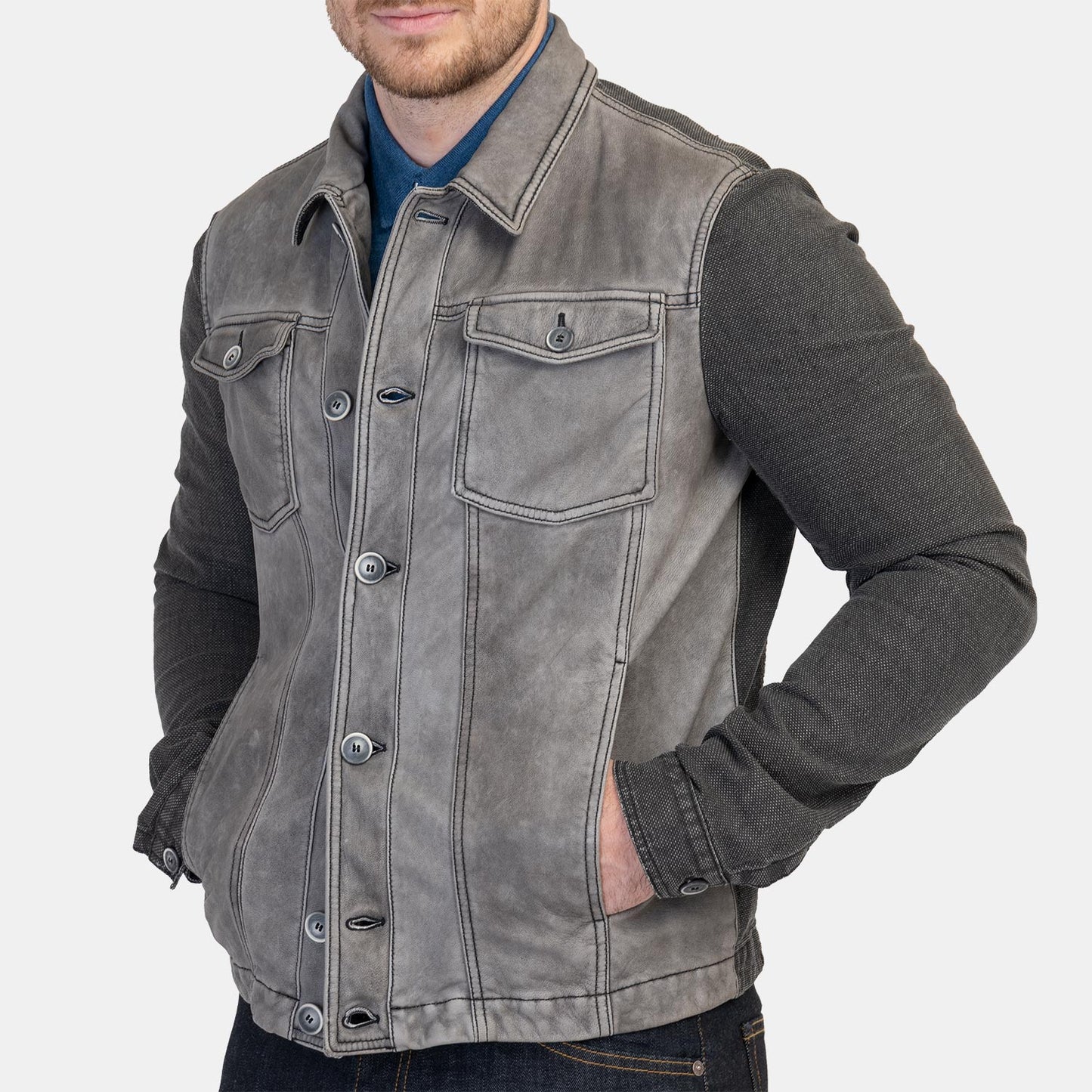 Gimos Leather & Canvas Jacket in Aged Dark Grey