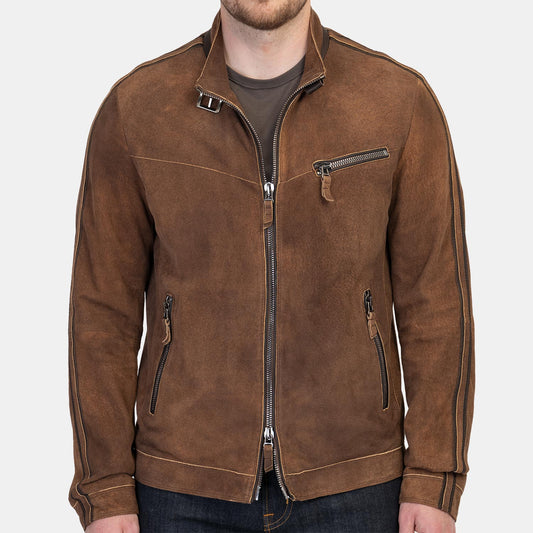 Gimos Washed Nubuck Moto Jacket in Dark Cognac
