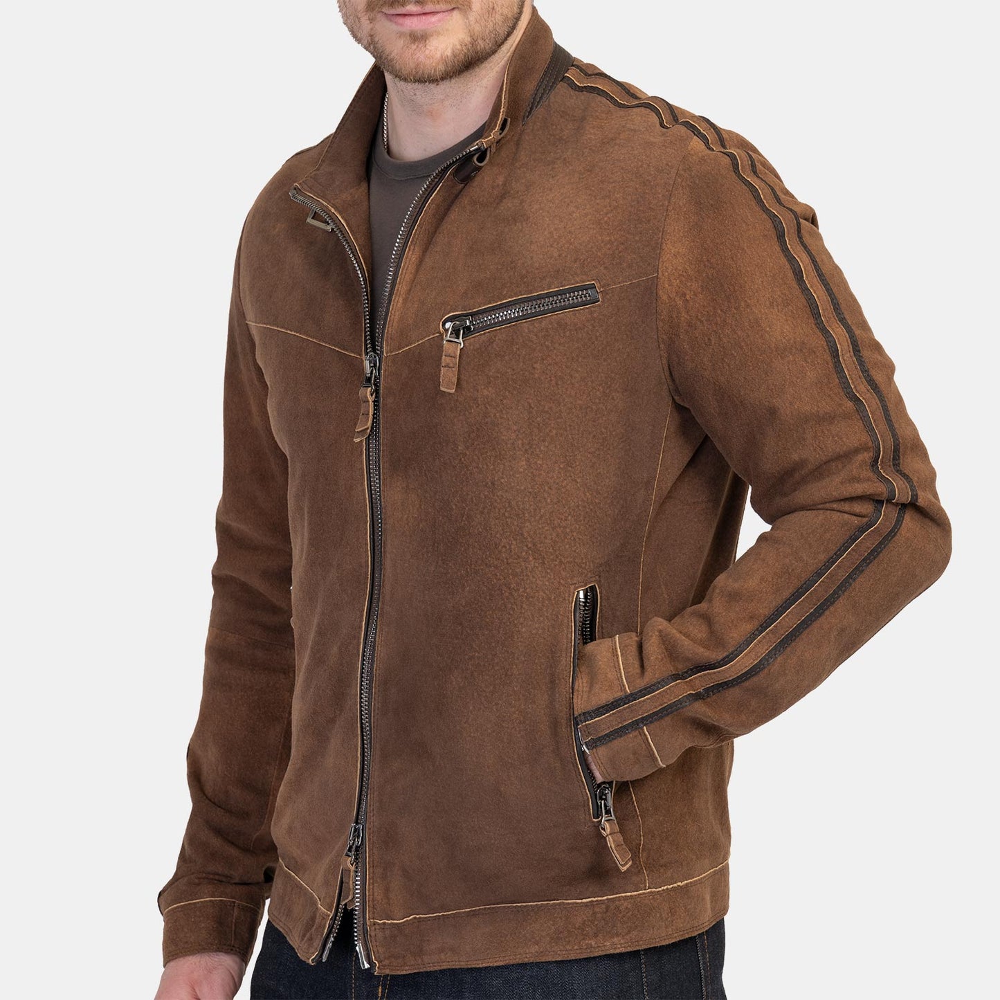 Gimos Washed Nubuck Moto Jacket in Dark Cognac