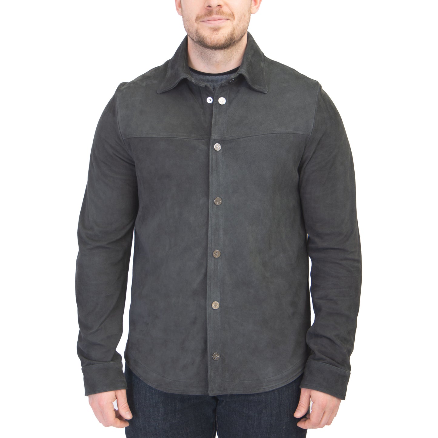 Isaia Leather Suede Shirt in Blue Grey