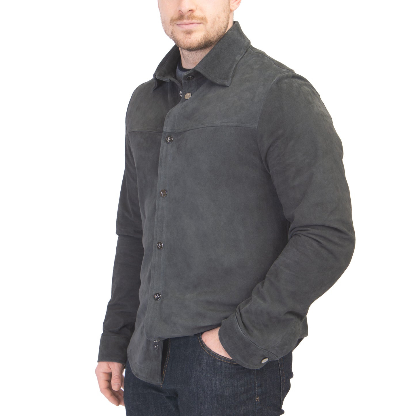 Isaia Leather Suede Shirt in Blue Grey