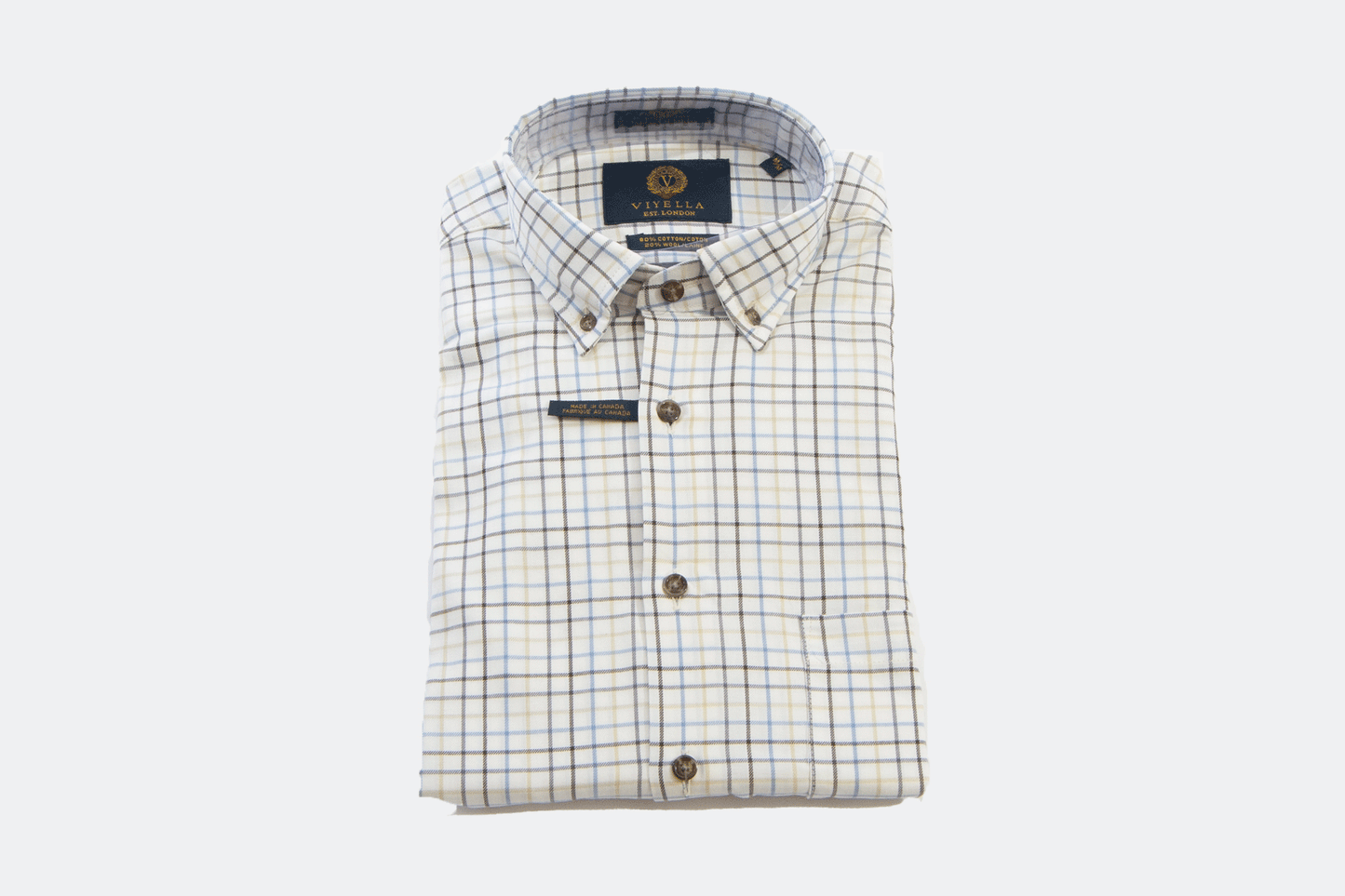 khakis of Carmel - pearl colored shirt with windowpane pattern