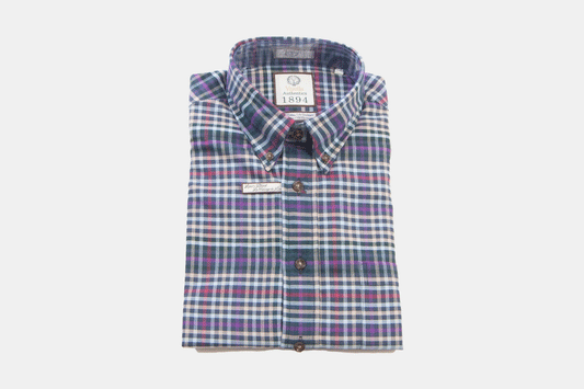 khakis of Carmel - navy shirt with colorful plaid pattern