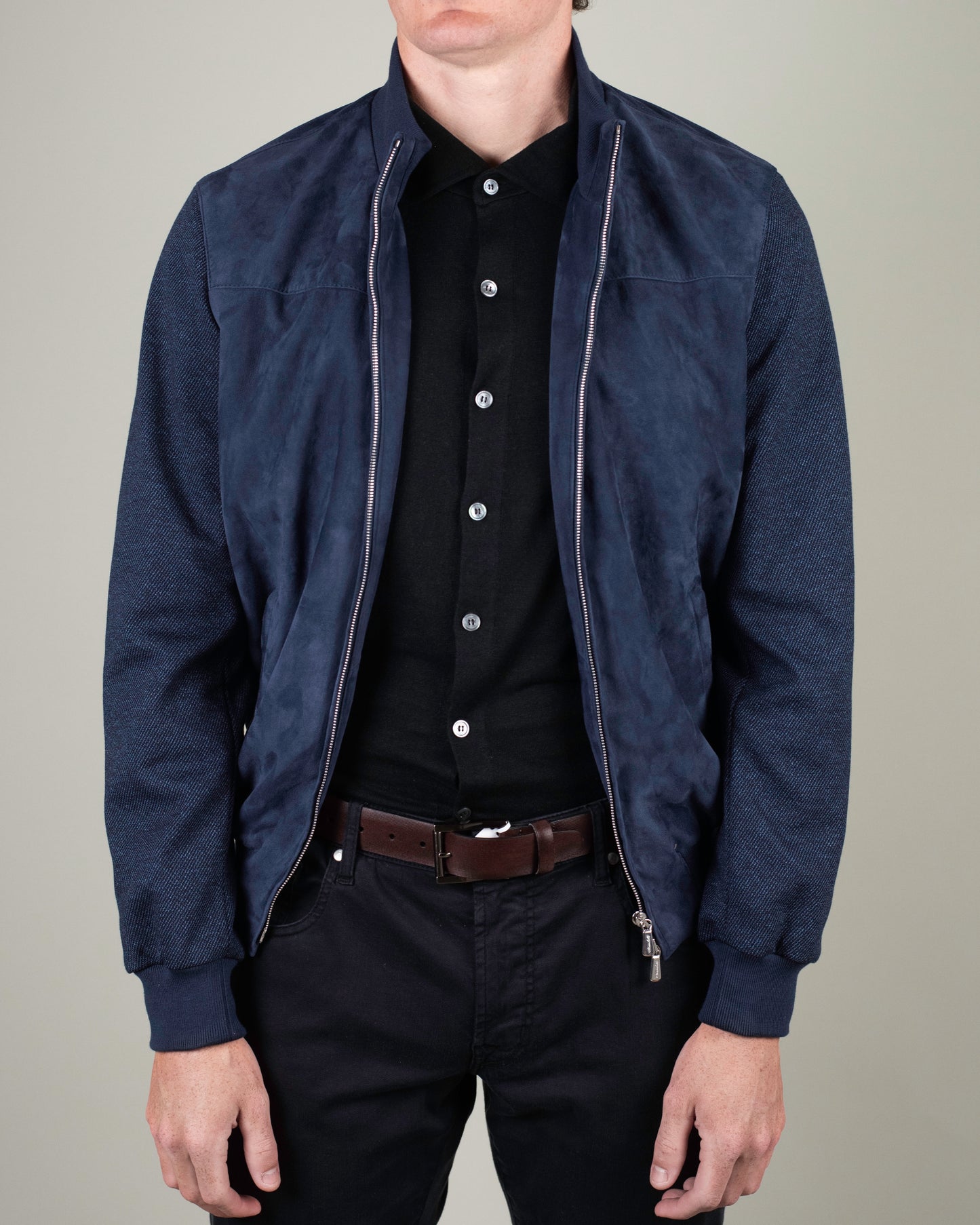 mandelli hybrid blue suede bomber