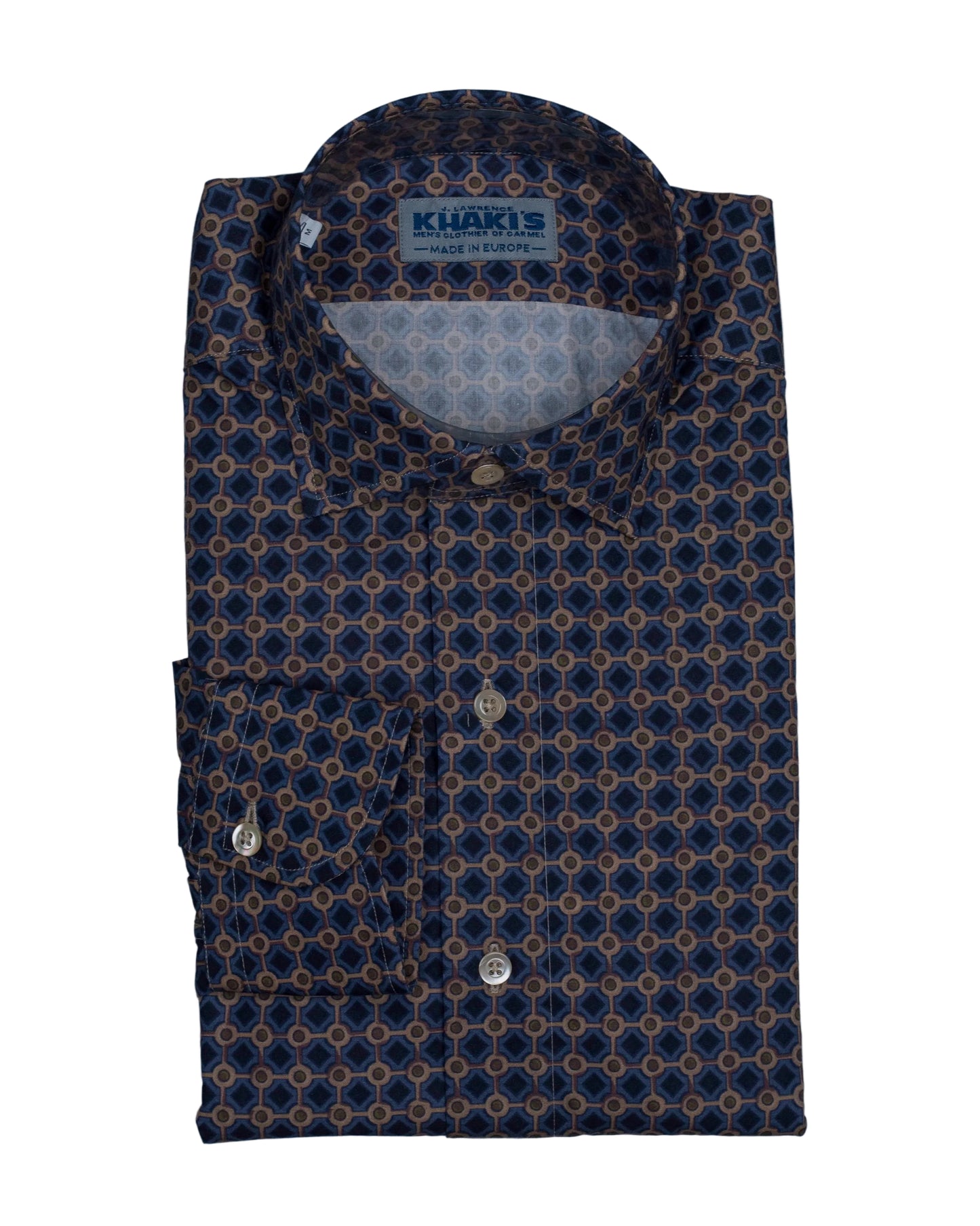 khakis brand blue and camel print shirt