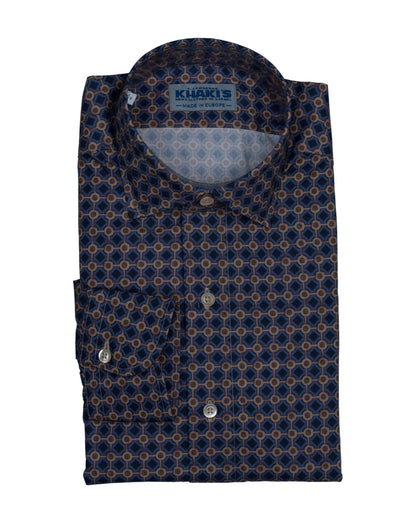 khakis brand blue and camel print shirt