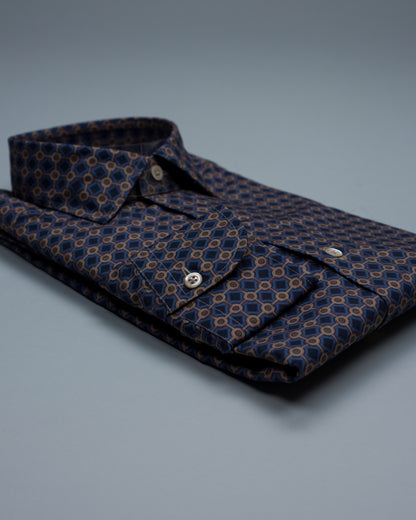 khakis brand blue and camel print shirt