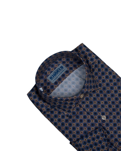 khakis brand blue and camel print shirt