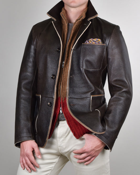 Khakis of Carmel - Brown Leather Zip-Up Jacket