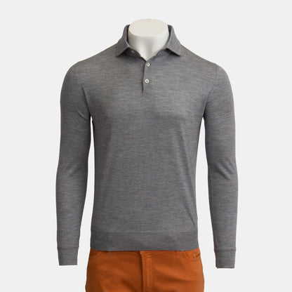 Isaia - Cashmere Silk Stretch Blend Polo Long Sleeve in Grey