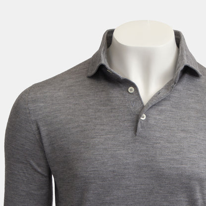 Isaia - Cashmere Silk Stretch Blend Polo Long Sleeve in Grey