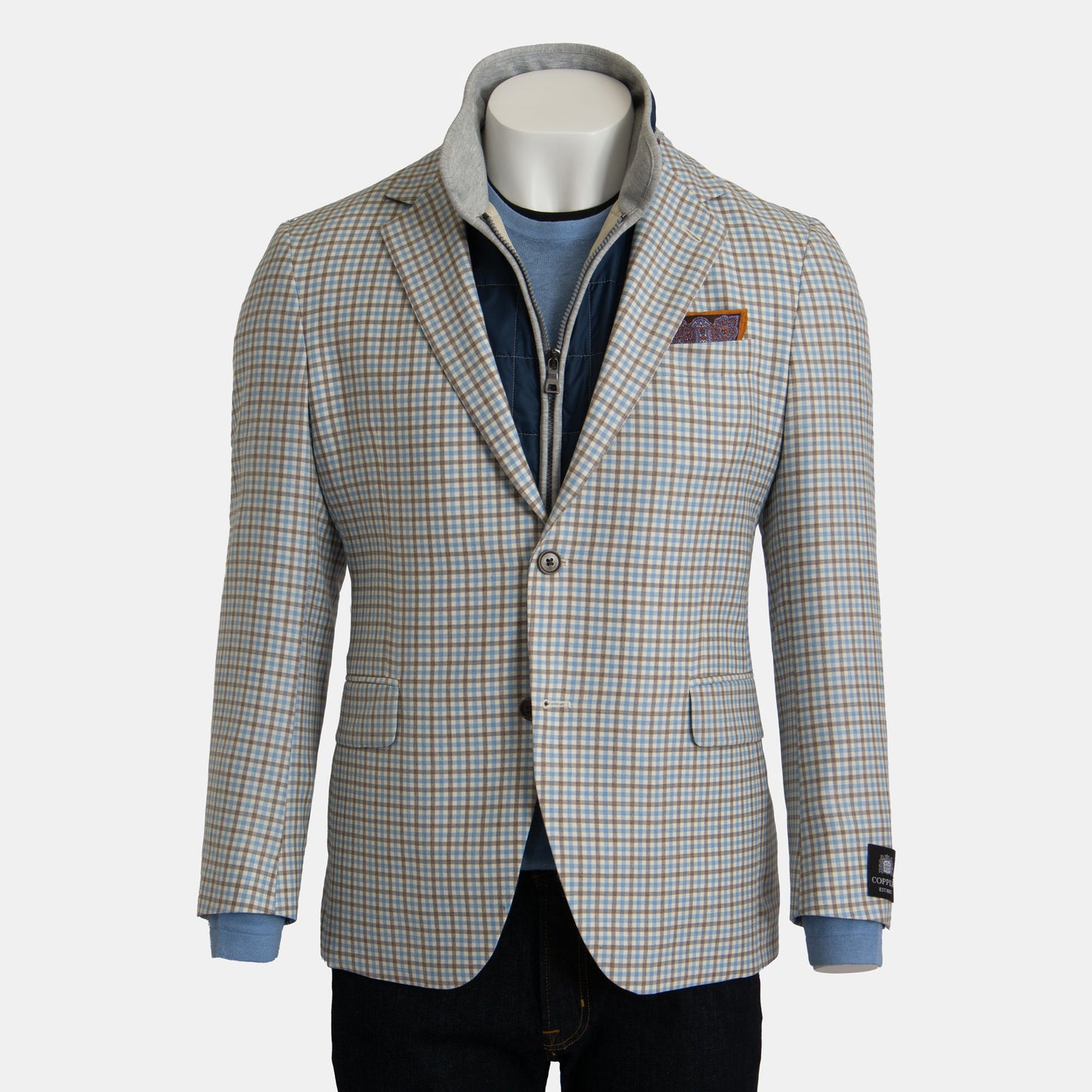 Khaki's of Carmel - Coppley Plaid Check Sport Coat in White, Brown, and Blue