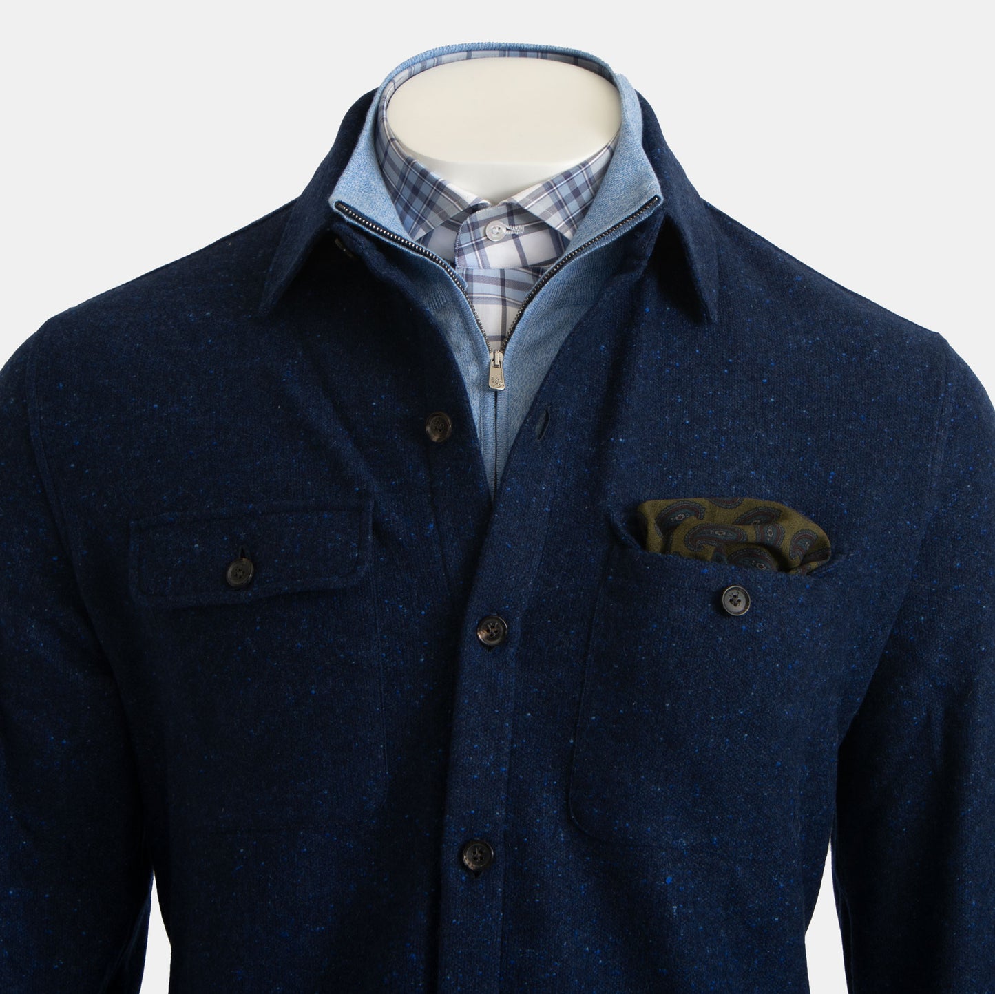 Isaia - Cashmere Silk Blend Donegal Overshirt Jacket in Navy