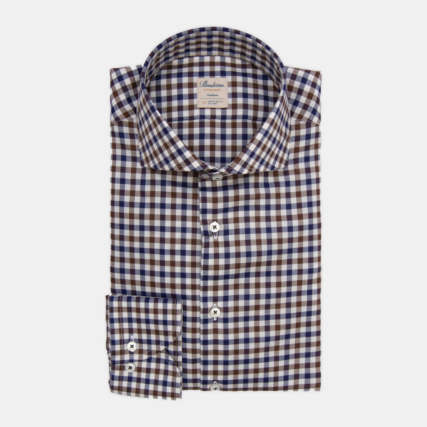 Stenstroms - Gingham Check Cotton Shirt in Brown and Blue