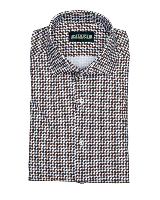 khakis brand brown and white pattern shirt