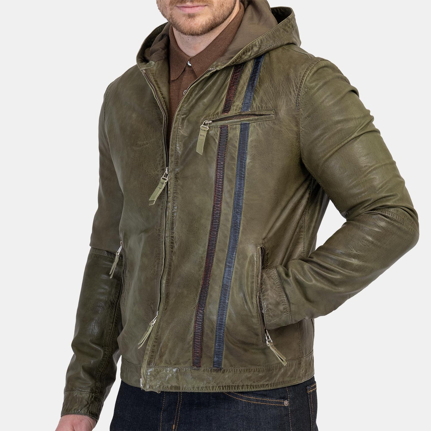 Gimos Leather Moto Hoodie in Washed Olive Green