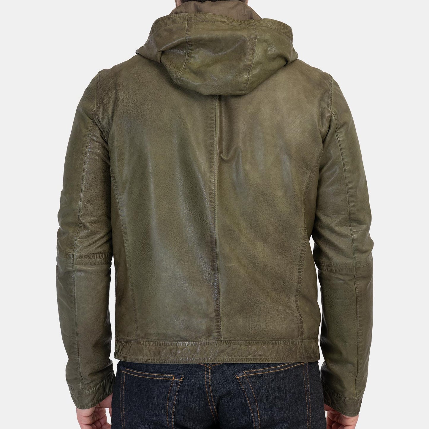 Gimos Leather Moto Hoodie in Washed Olive Green