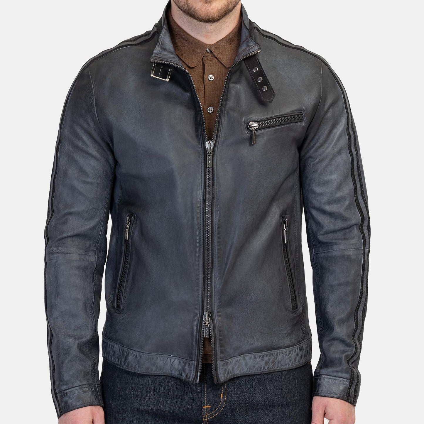 Antiqued Moto Jacket in Washed Navy Leather