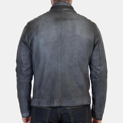 Antiqued Moto Jacket in Washed Navy Leather